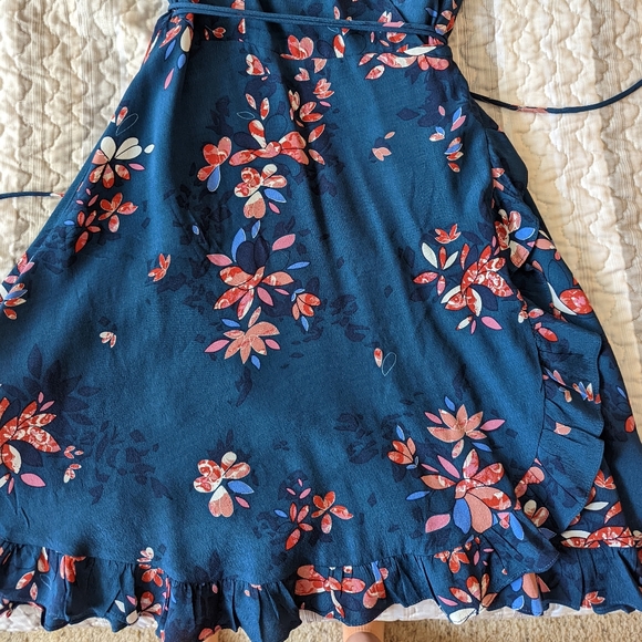 Teal Blue Floral Print Ruffled Wrap Dress, Size Small - Picture 6 of 7